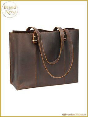 Vintage Full Grain Leather Work Tote Bag for Women with Zipper Pockets